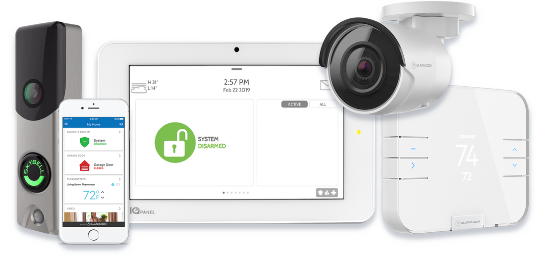 door camera, cameras, security alarm panel, mobile app for smart home automation, and a smart thermostat